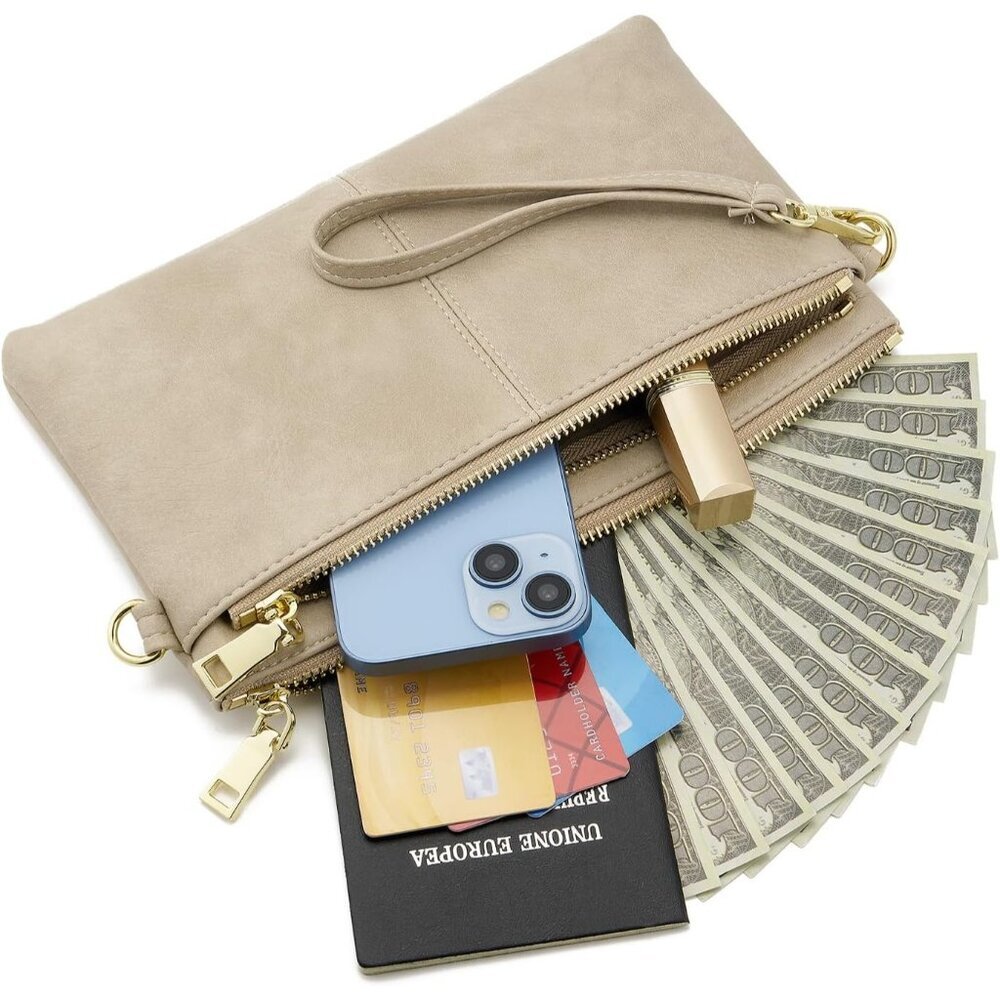 ⚡Women's Lightweight Tan Triple Zip Vegan Leather Clutch Wristlet Bag - Picture 2 of 4
